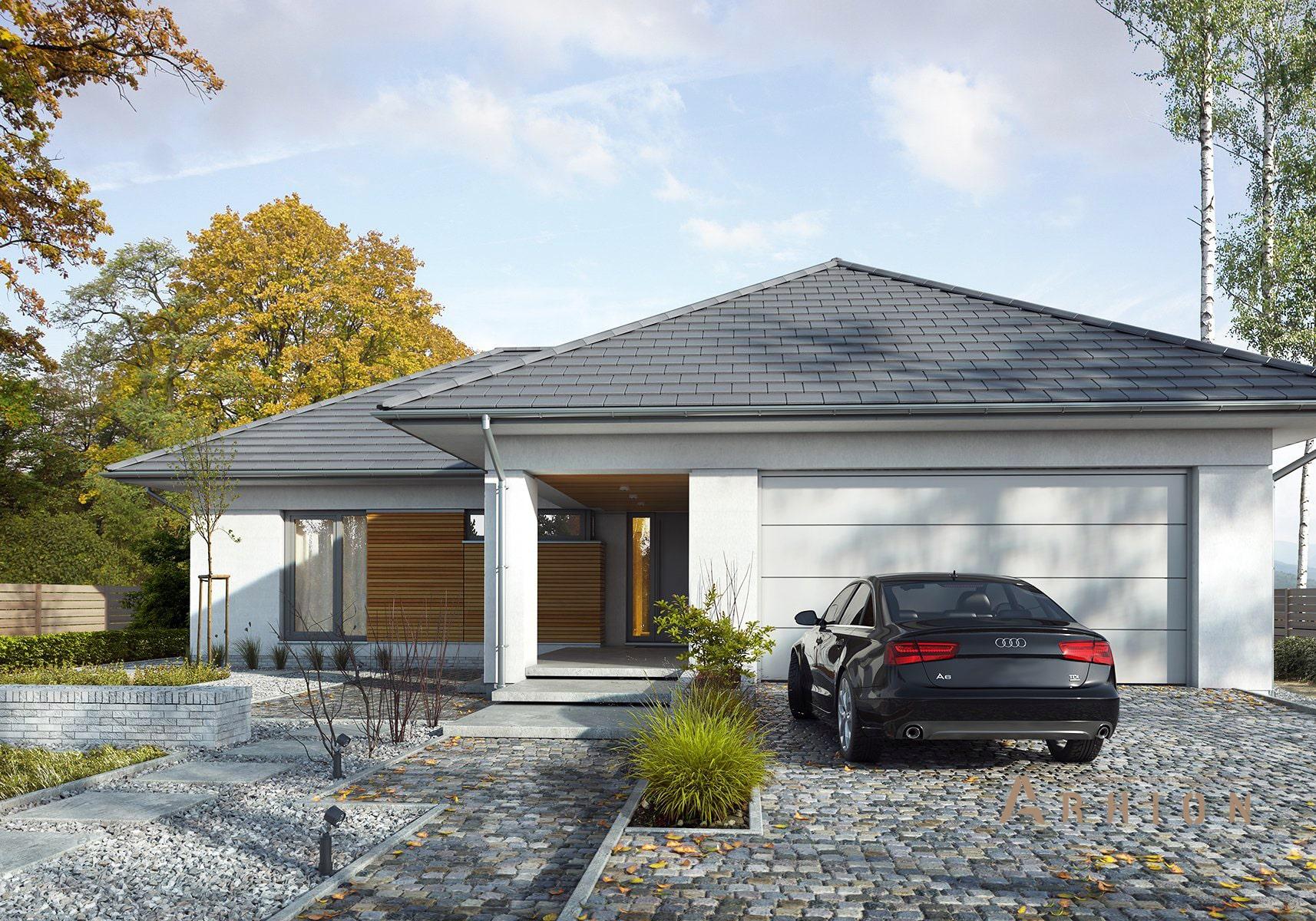 4. Проект одноэтажного дома в современном стиле с плоской кровлей , BY-4, площадью - 155 кв c терассой, гаражом